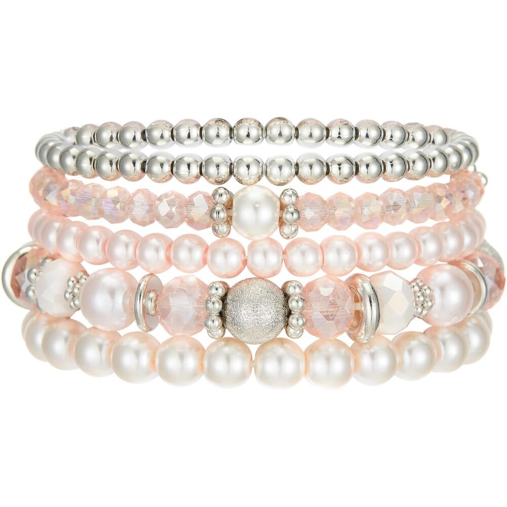 Pink Beaded Pearl Silver Stackable Bracelets For … - image 1
